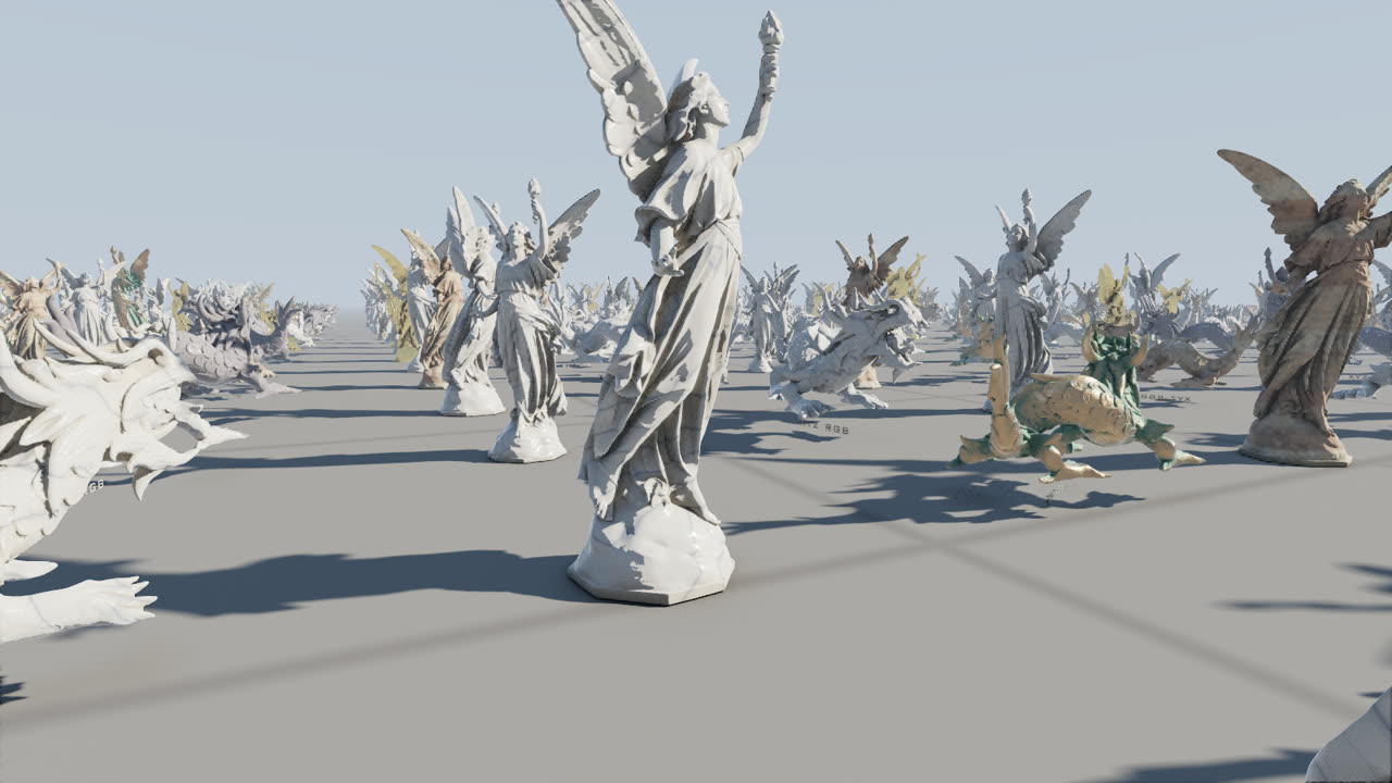 900 instances of Lucy and the XYZ RGB dragon in sunlight, shadowed by virtual shadow maps