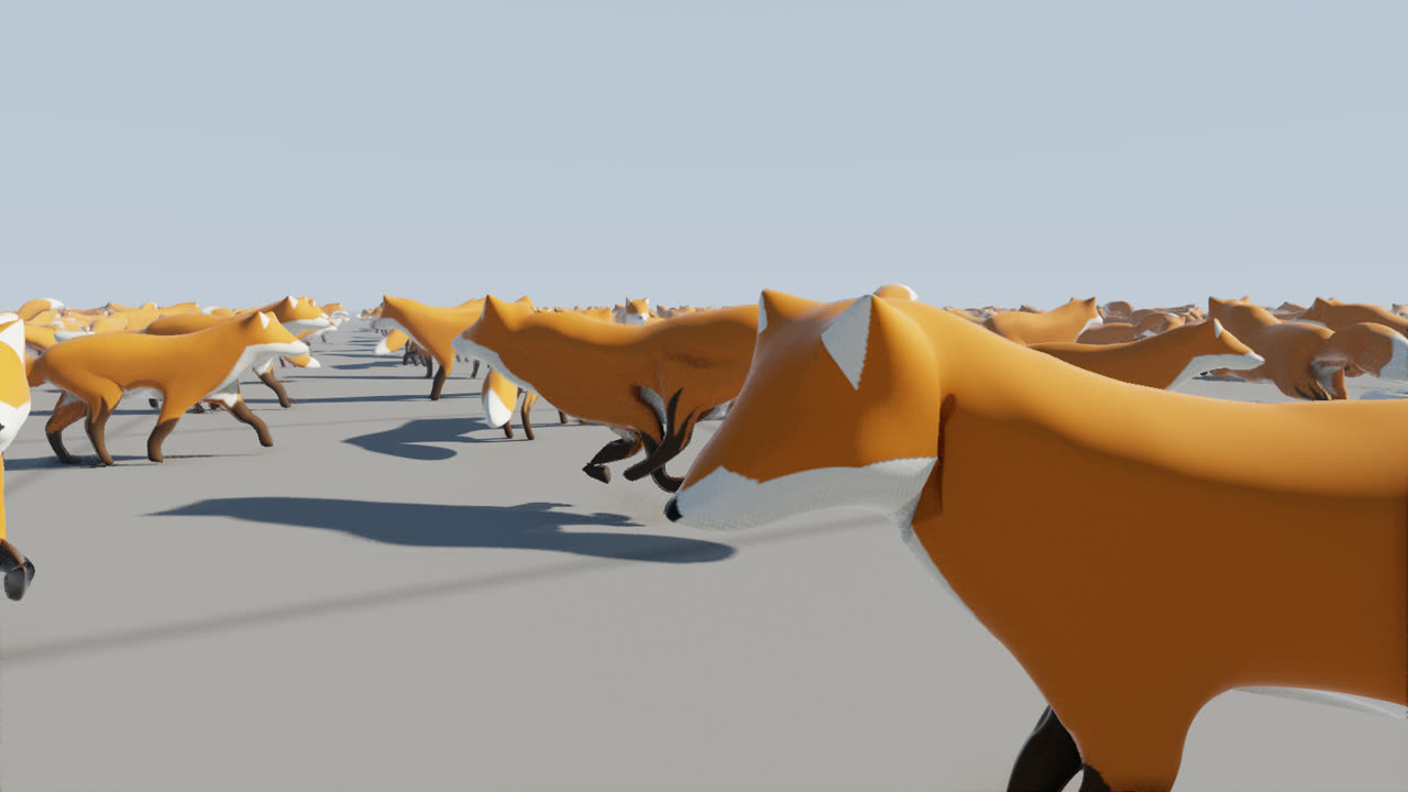 a crowd of running, walking and watchful foxes, each skinned and animated