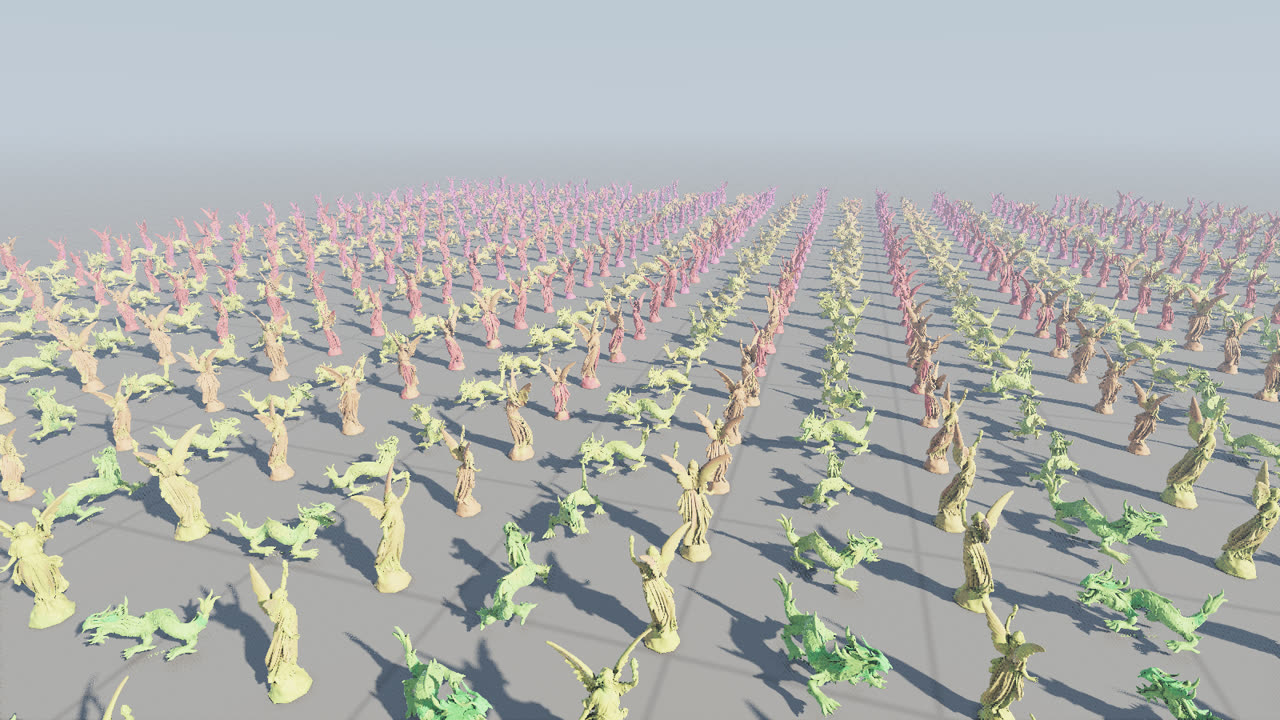 the crowd coloured by LOD level, blue for full detail through red to magenta for the coarsest