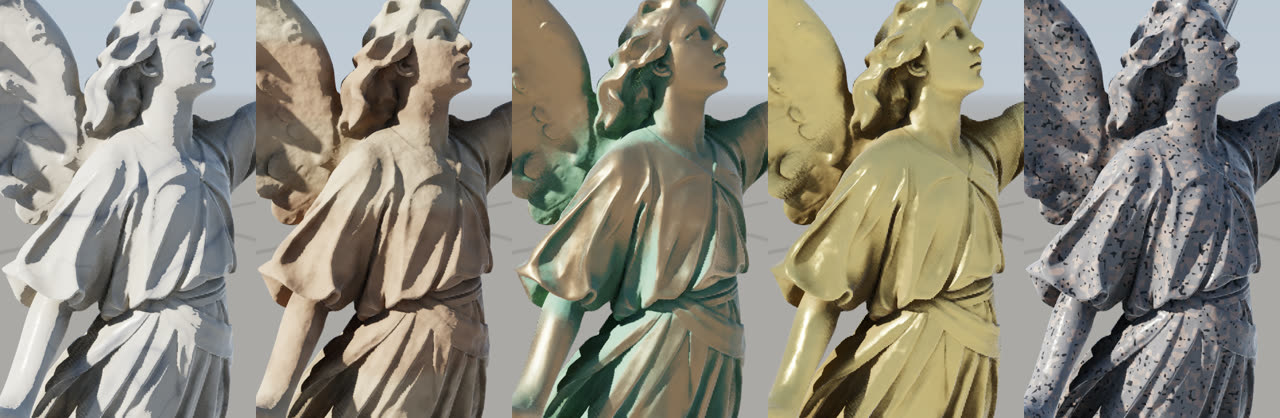 Lucy in each material: veined marble, layered sandstone, patinated bronze, hammered gold, speckled granite