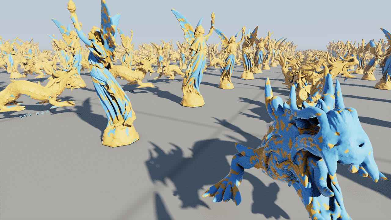 the crowd coloured by rasterizer: orange for compute, blue for hardware